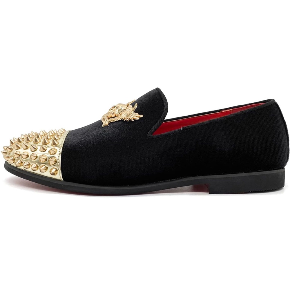 Black and Gold Men's Loafers with Studded Toe